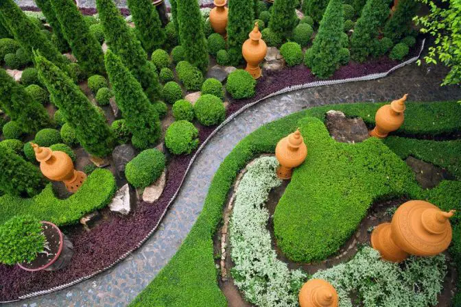 An aerial view of a garden with lush greenery.