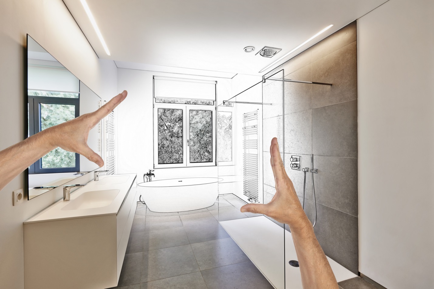 A man is pointing to a bathroom with a shower, offering bathroom ideas.