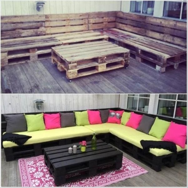 Two pictures of a pallet couch.