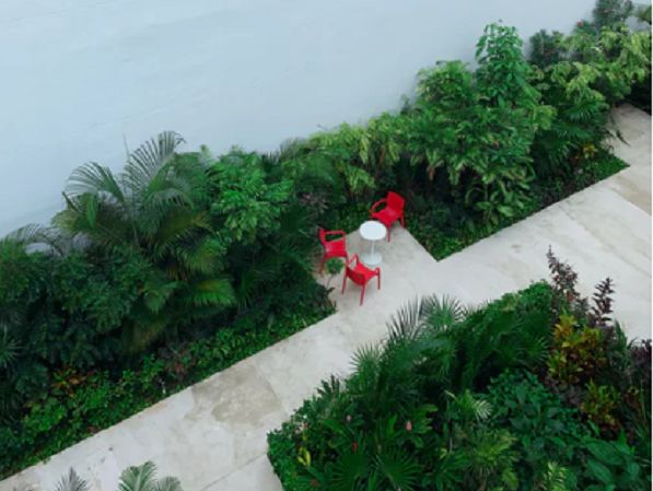 An aerial view of a garden with red chairs and plants showcasing garden decoration.