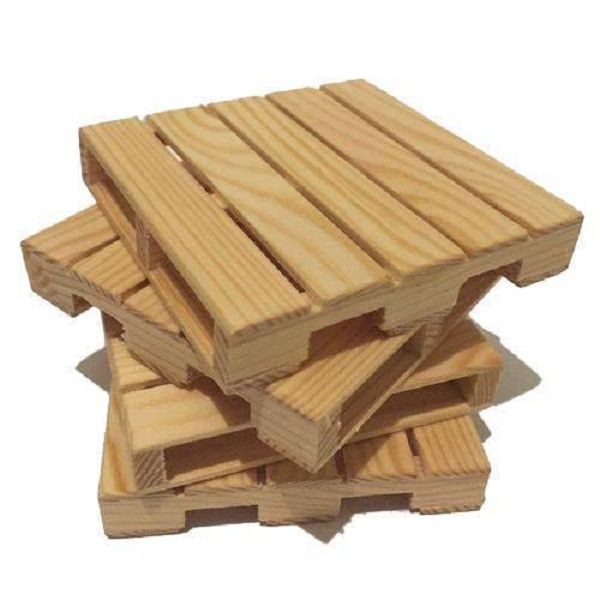 Stacked wooden pallets.