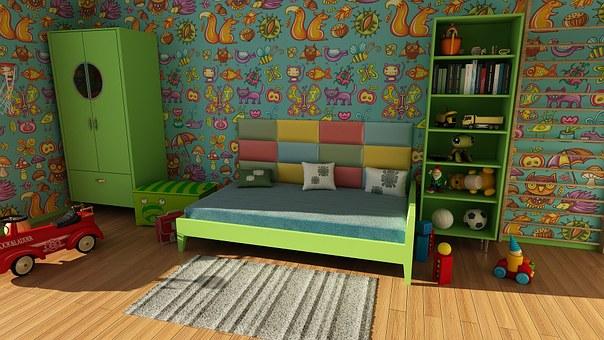 A vibrant children's room with a bed.
