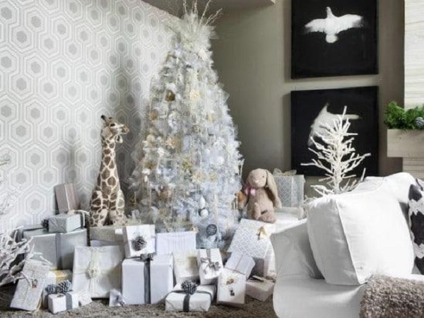 A Christmas living room with presents.
