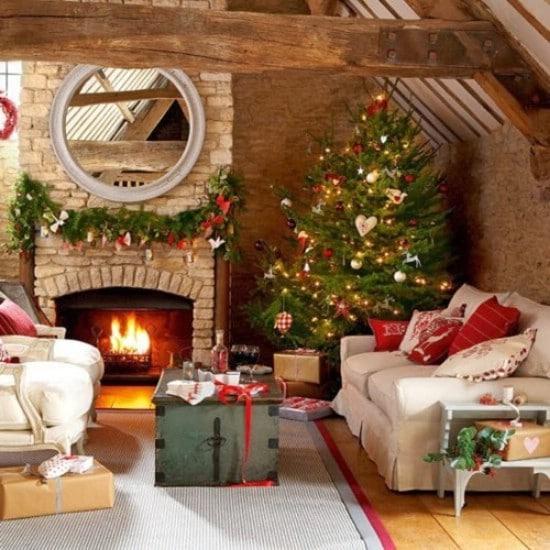 A cozy living room decorated for Christmas.
