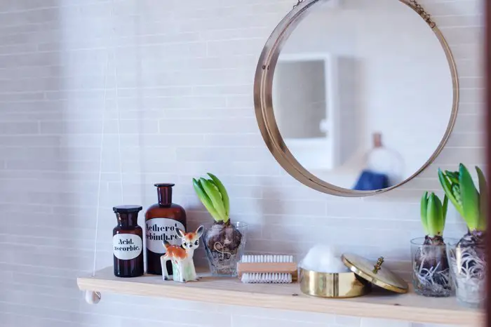 A bathroom with a mirror, plants, and a shelf.