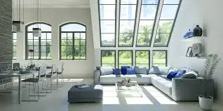 A spacious living room with large windows and skylights.