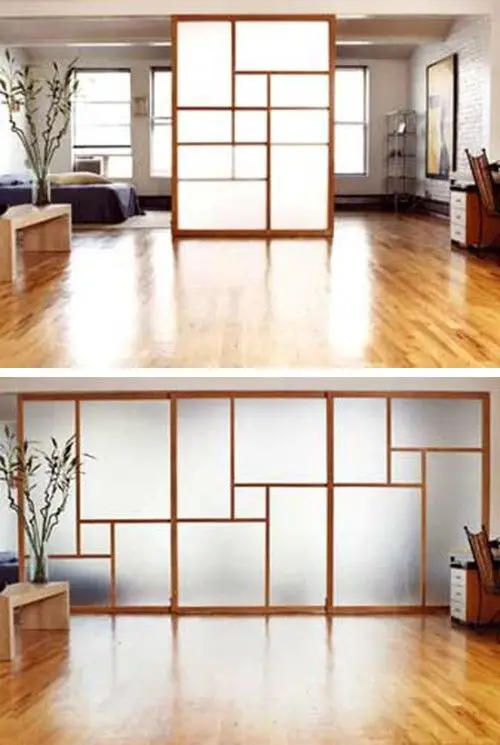 Two pictures showcasing a spacious living room with a glass partition.