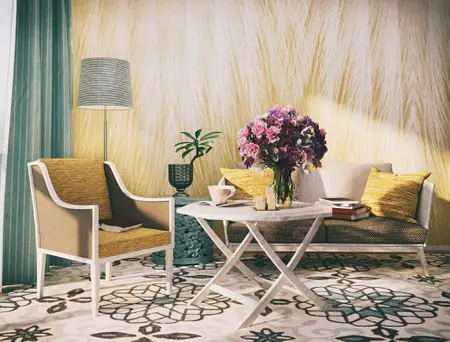 3D rendering of a boho chic living room with yellow and white furniture.