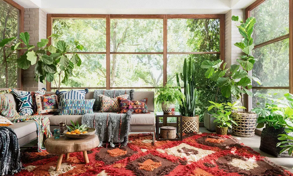 A boho chic living room with a colorful rug and plants.