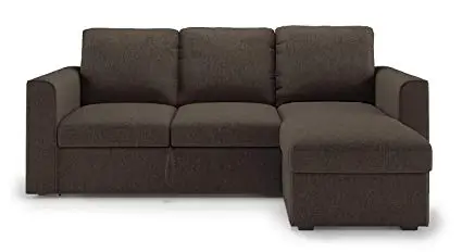 A brown wooden sectional sofa with a footrest.