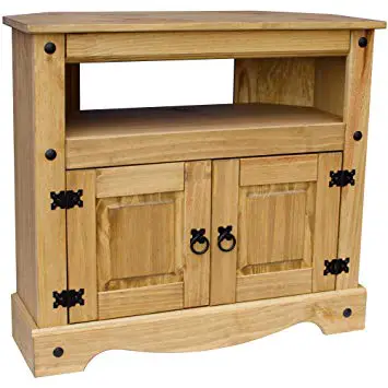 A wooden TV stand made of different types of wood, featuring two doors and two drawers.