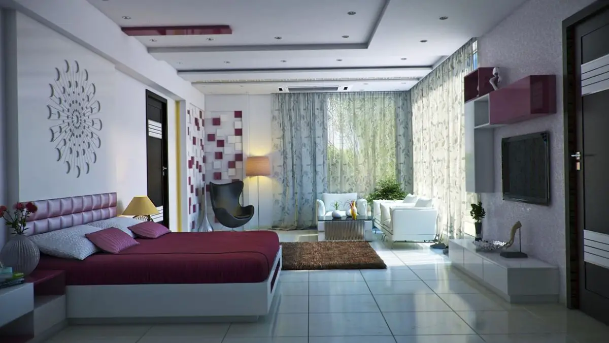A 3d rendering of a bedroom with pink and white furniture.