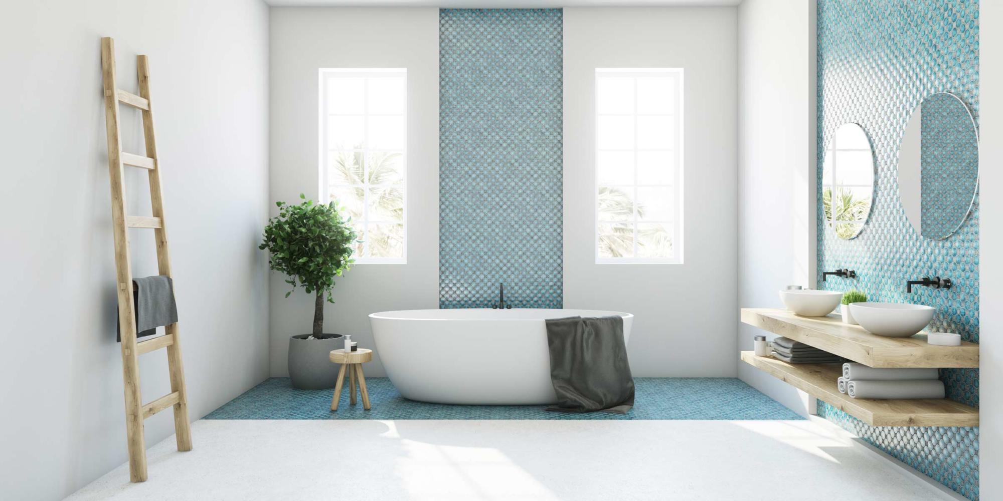 3D rendering of a modern bathroom with blue tiles for bathroom renovations.