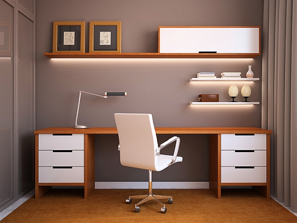 A home office with a white desk and chair.