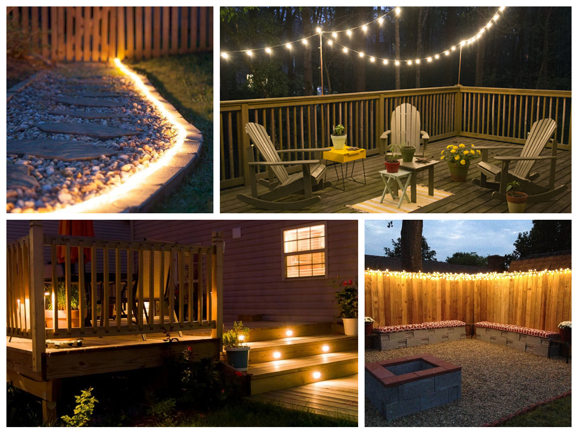 A collage showcasing various outdoor lighting ideas.