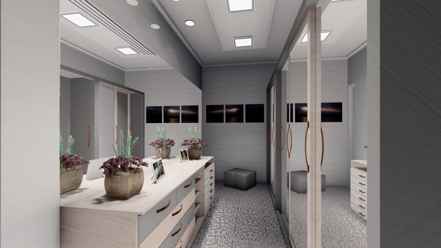 A 3D rendering of a modern bathroom with a functional closet.