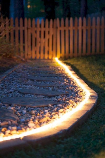 Outdoor pathway lit up at night.
