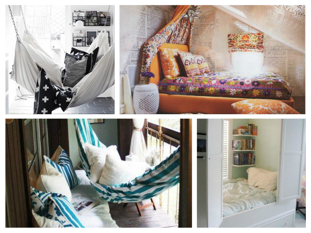 A collage of pictures showcasing various types of hammocks, perfect for creating cozy nap corners.