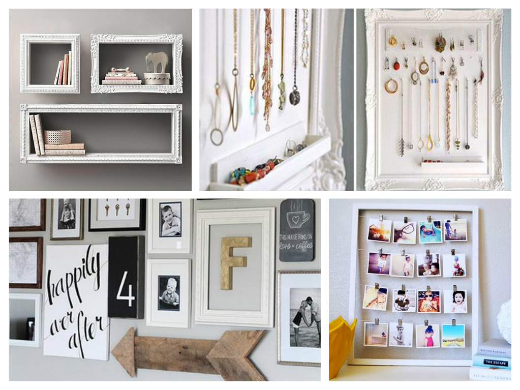 A photo collage of jewelry hung on a wall to decorate with frames.