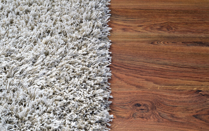 White shaggy carpet and brown wooden floor