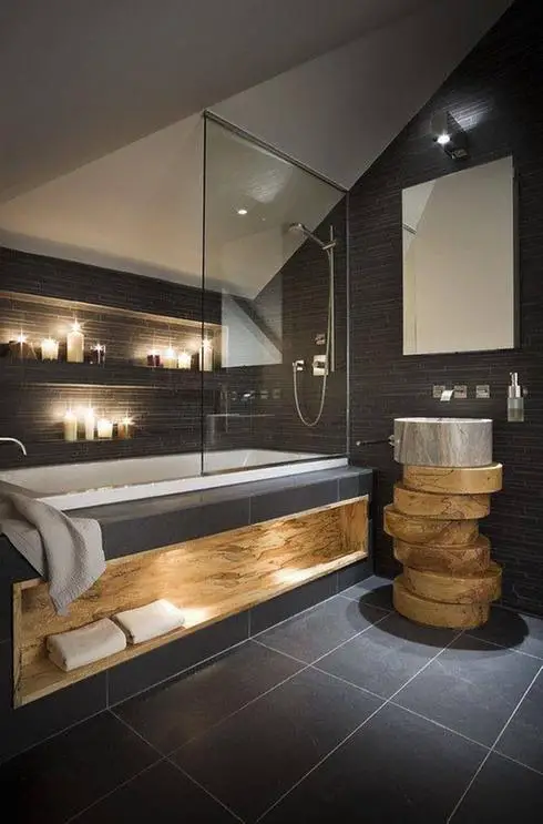 Illuminate your modern bathroom with a bathtub and sink.