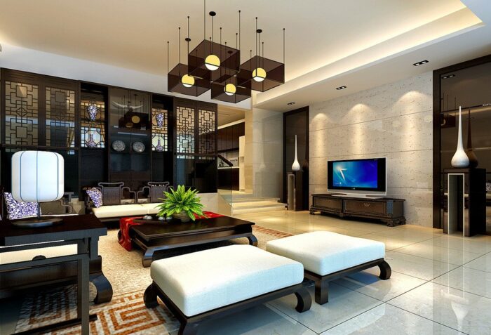 A black living room with a TV.