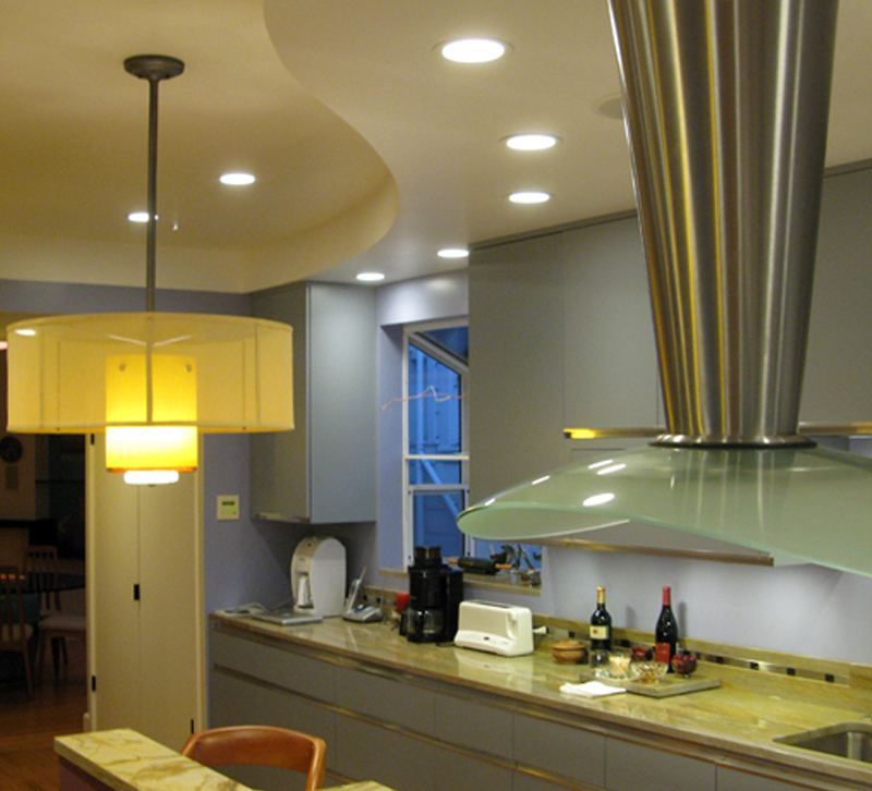 A recessed lighting fixture in a kitchen.