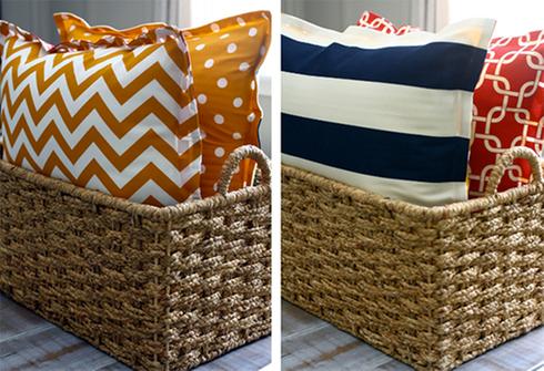 Two pictures showcasing wicker baskets with pillows, perfect for instantly pampering your bedroom.