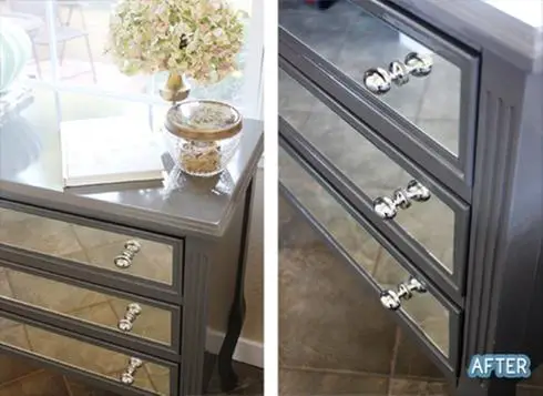 Two pictures of a transformed dresser with mirrored drawers.