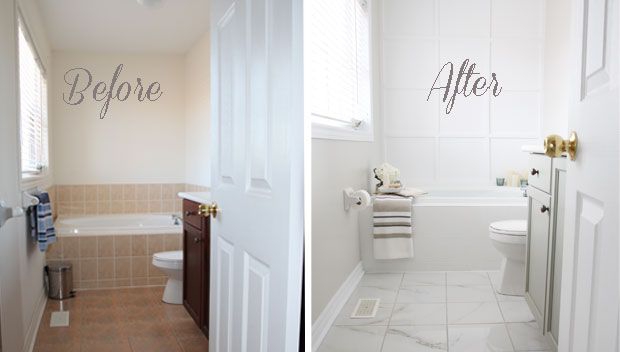 Before and after pictures of bathroom tiles.