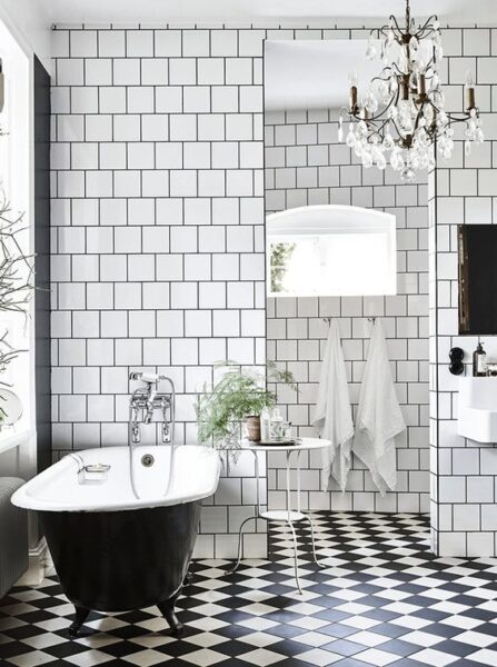 A bathroom with black and white checkered floor tiles.