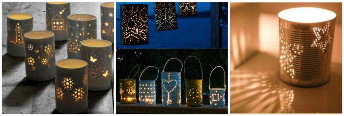 A collage of lanterns, including Christmas lights as year-round decor.