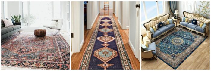 A series of photos showcasing various types of Persian rugs in a living room, highlighting their investment value.