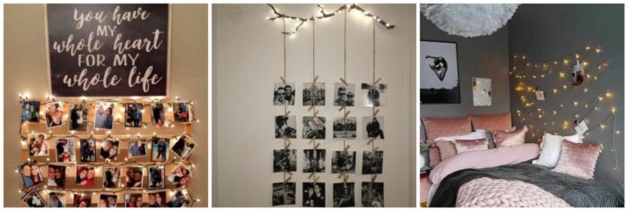 A collage of photos hanging on a wall with Christmas lights as year-round decoration.
