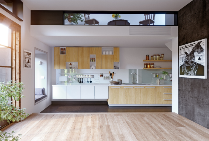 A kitchen featuring a wooden floor and window, perfect for inspiring kitchen décor ideas.