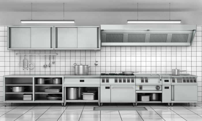 3d rendering of an industrial kitchen with stainless steel appliances.