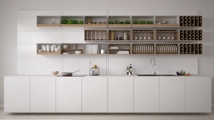 A Scandinavian kitchen with wooden shelves and pots.