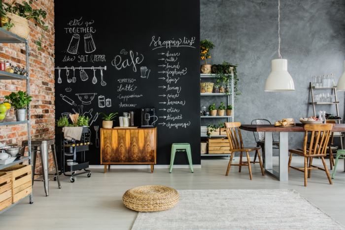 Kitchen with chalkboard wall.