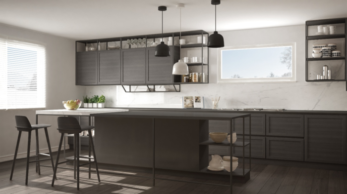 A 3d rendering of a modern Scandinavian kitchen.