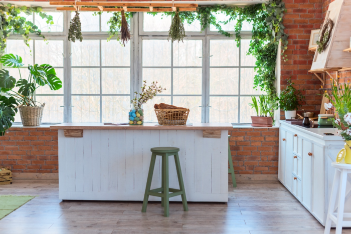 Large kitchen window lined with greens