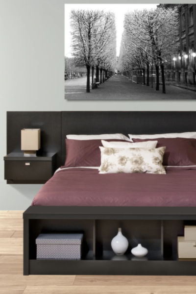 A stylish floating headboard like this one from Overstock will free up your floor space