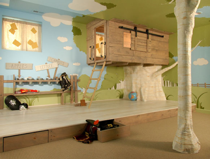 A kids’ bedroom with a tree house.