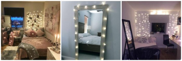 Four pictures of a bedroom with year-round Christmas lights and a mirror.
