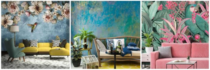 A colorful collage of different floral wallpapers decorating a living room.