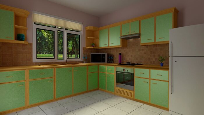 A 3d rendering of a green kitchen with unique cabinets.