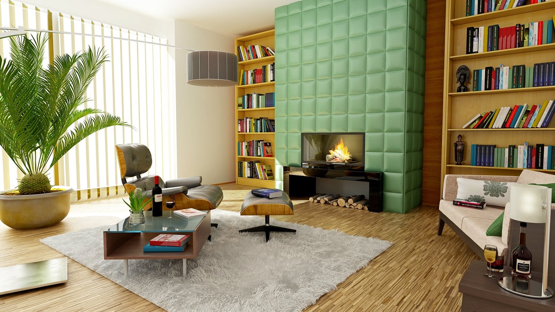A small living room with a fireplace and bookshelves, decorated with space-saving hacks.