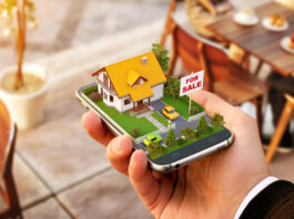 Smartphone application for online searching, buying, selling and booking real estate. Unusual 3D illustration of beautiful house on smartphone in hand