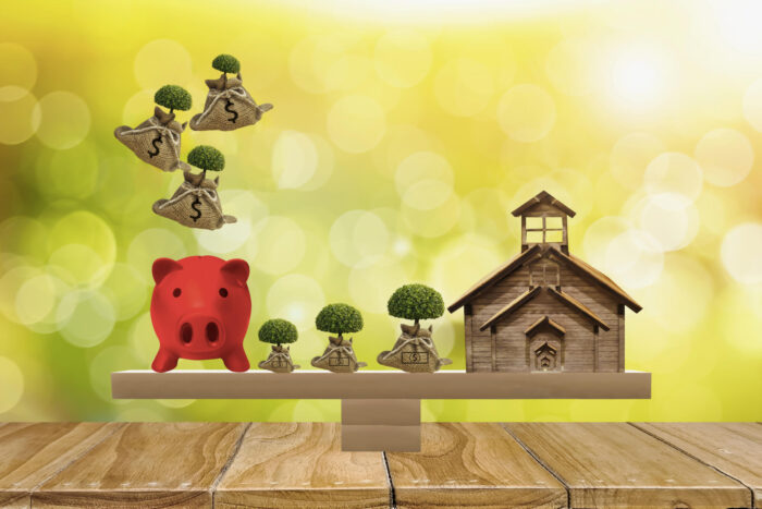 home and piggy bank,growing tree on top put on scales with balance,bokeh nature background,concept money saving,investments,financial planning in bank,for buying house and investing in real estate