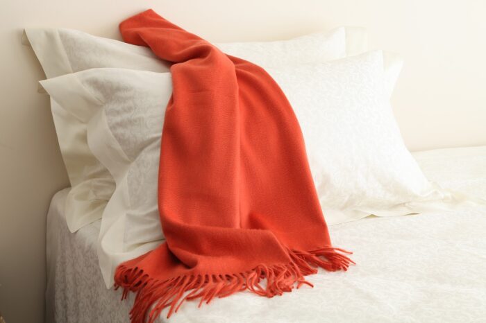A red blanket in a bedroom.