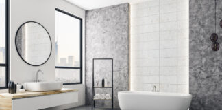 Modern bathroom interior with city view and blank poster on wall.